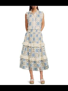 J.Marie Tiered Lace Maxi Skirt in Cream and Blue